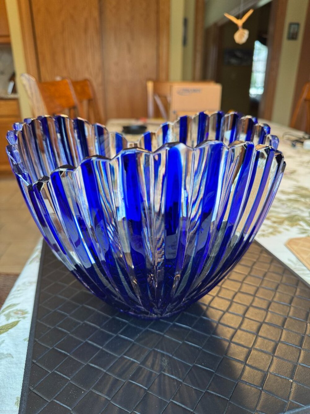 Shannon Crystal Cobalt Blue & Clear Striped Bowl 24% Lead Crystal